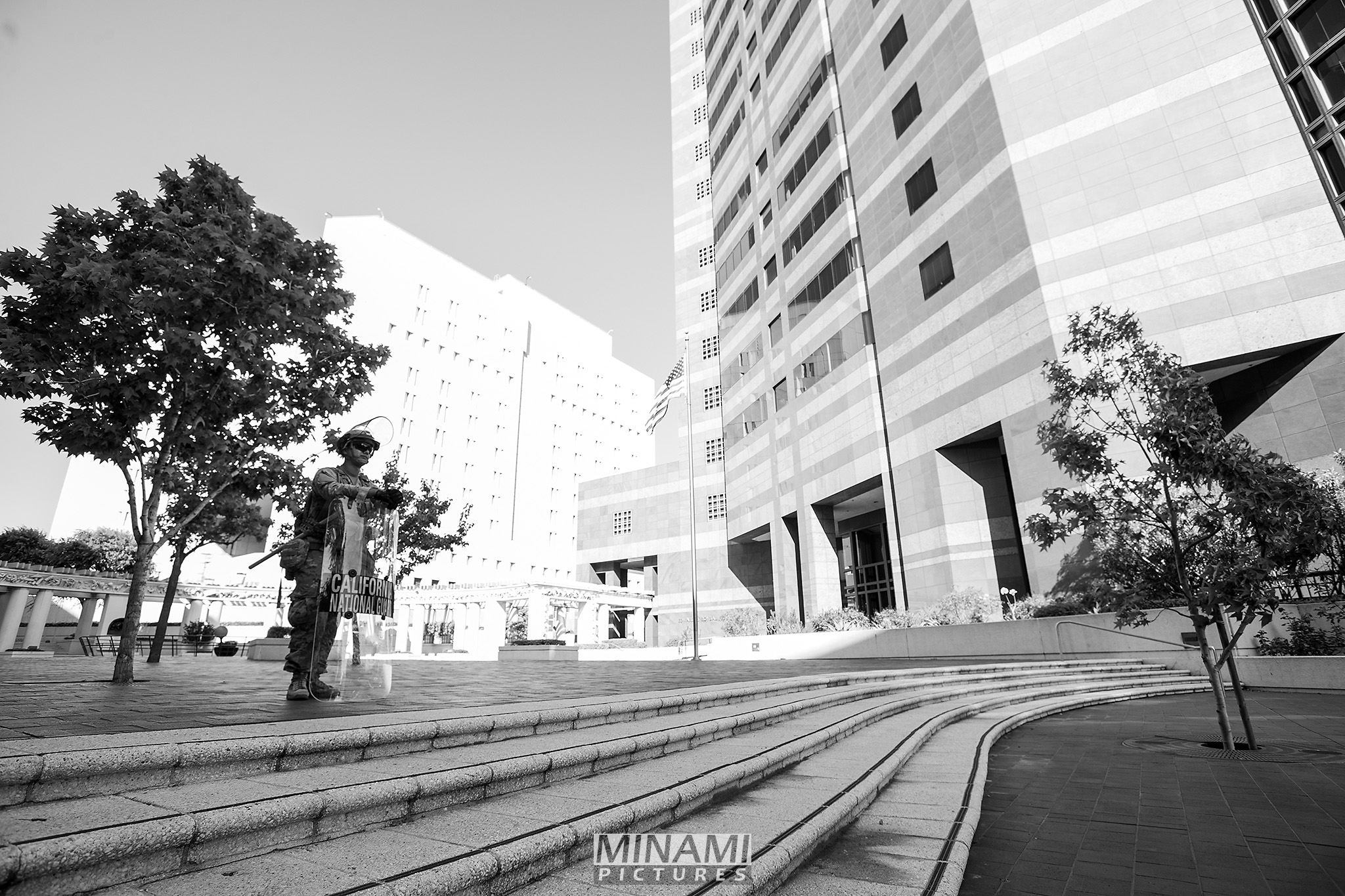Roybal building with one guardsman and no one else