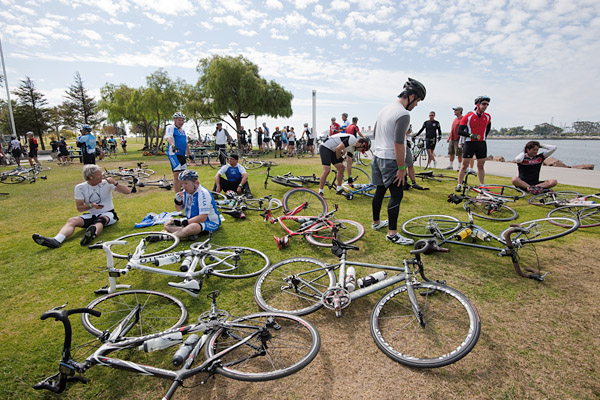 Cyclists rest and prepare for the thirty five mile trip from Long Beach back to Griffith Park as part of the LA River Ride, a fundraiser for the Los Angeles County Bicycle Coalition.
